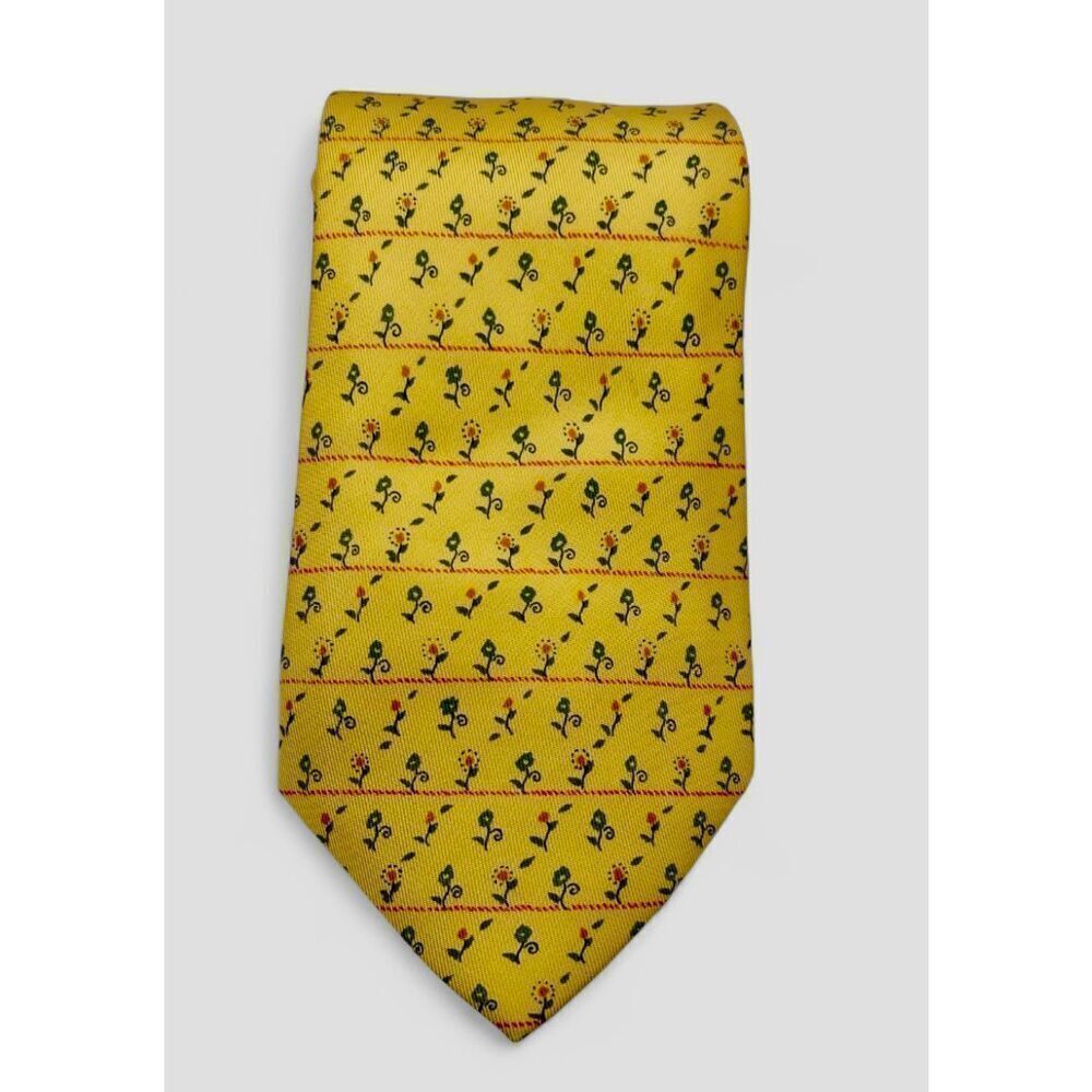 Hermes Mens Silk Flower Printed Sleek Tie Yellow France